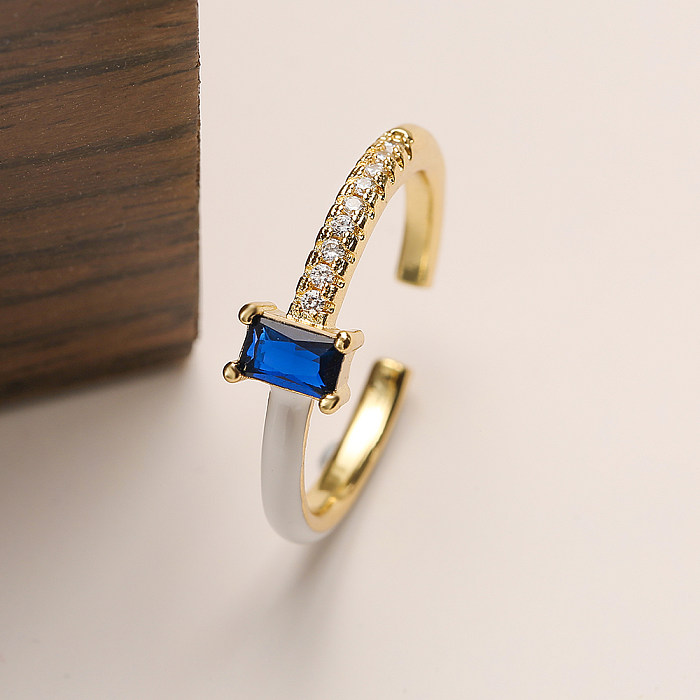 Simple Style Rectangle Copper Inlay Zircon 18K Gold Plated Open Ring