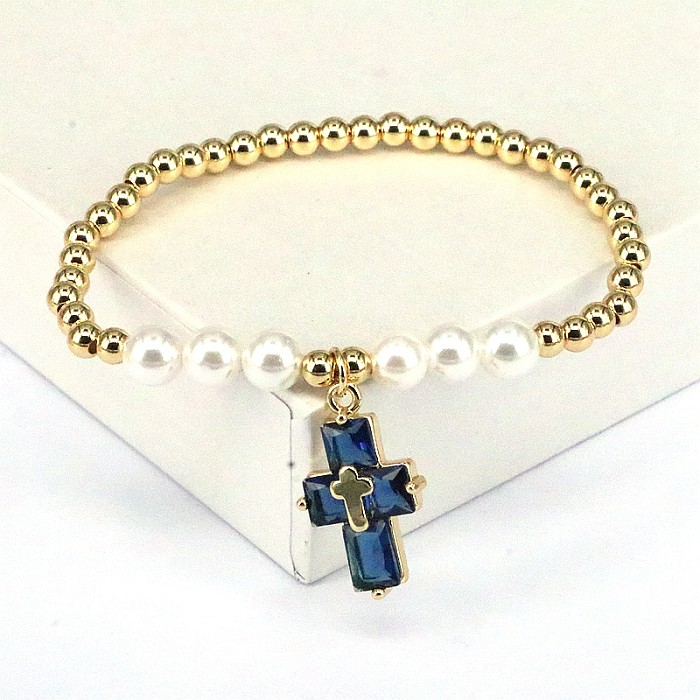 Basic Cross Copper Plating Inlay Pearl Zircon Bracelets