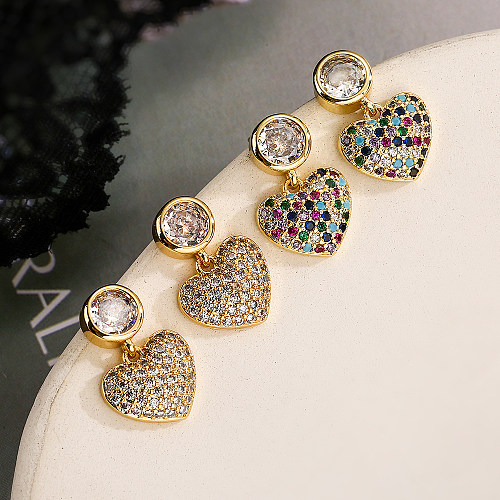 1 paire de boucles d'oreilles pendantes en forme de cœur, Style Simple et doux, incrustation de cuivre et de Zircon plaqué or 18 carats