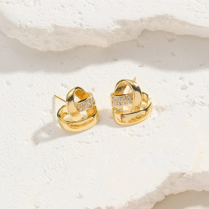 1 paire de boucles d'oreilles élégantes et luxueuses, Style classique, incrustation géométrique en cuivre et Zircon plaqué or 14 carats