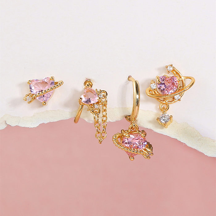 Casual Heart Shape Brass Drop Earrings Ear Studs Gem Copper Earrings