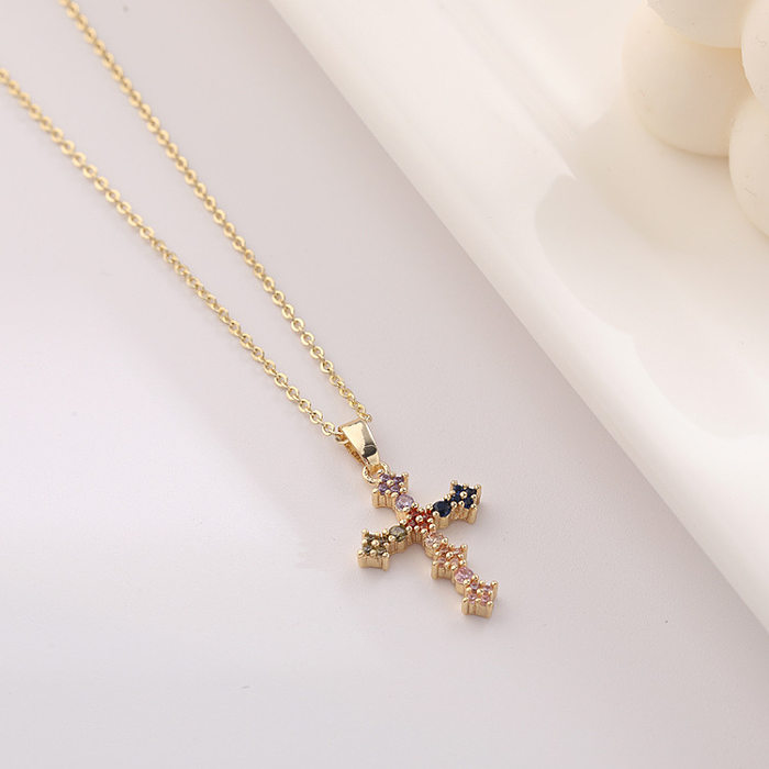 Modeschmuck eingelegte Farbe Zirkon Kreuz Anhänger Kupfer Halskette Großhandel