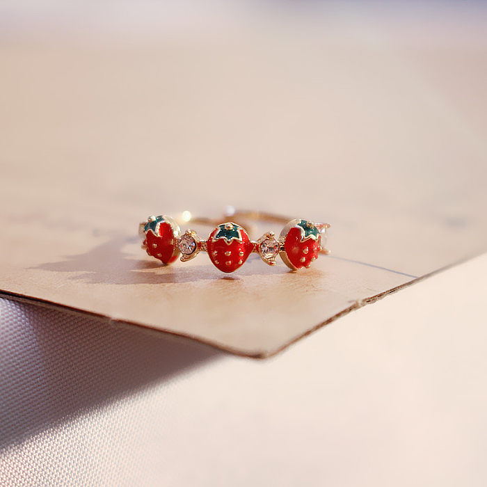 Bague ouverte en cuivre et diamant incrusté de fraises rouges, mode créative