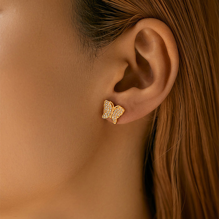 1 Pair Simple Style Butterfly Inlay Copper Zircon Earrings