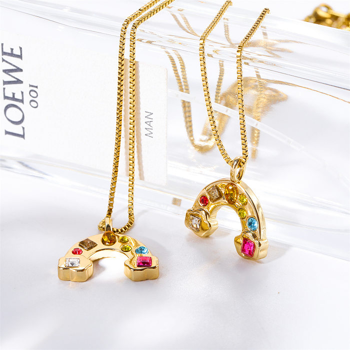 Einfache Streetwear-Halskette mit Regenbogen-Kupferbeschichtung, Inlay-Zirkon, 18 Karat vergoldet, Anhänger-Halskette