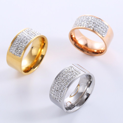 Luxuoso romântico cor sólida chapeamento de aço inoxidável strass embutidos banhado a ouro 18K anéis banhados a ouro rosa