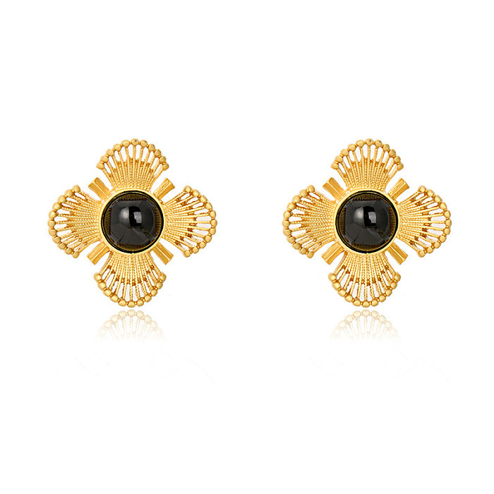 1 Pair Classical Flower Inlay Copper Glass Ear Studs