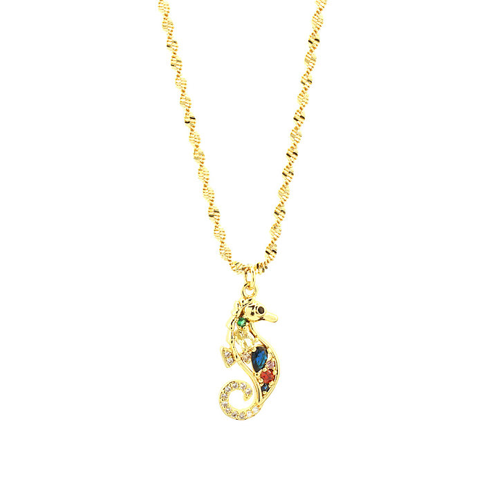 Simple Style Hippocampus Copper 18K Gold Plated Zircon Pendant Necklace In Bulk