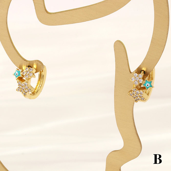1 Pair Simple Style Streetwear Pentagram Four Leaf Clover Enamel Plating Inlay Copper Zircon 18K Gold Plated Earrings