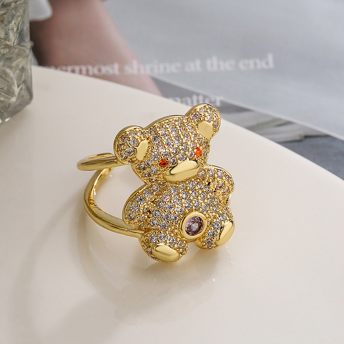 Cute Simple Style Little Bear Copper Plating Inlay Zircon 18K Gold Plated Open Rings