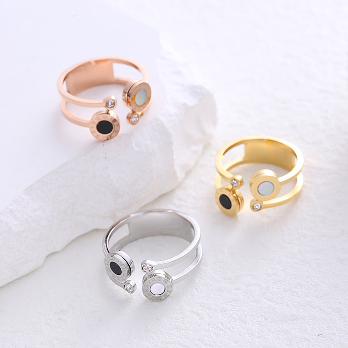 Casual Simple Style Round Number Stainless Steel Plating Inlay Shell Zircon 24K Gold Plated Open Ring