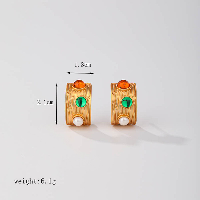 1 Paar Retro-Ohrringe mit geometrischem Inlay, Kupfer-Strasssteinen, 18 Karat vergoldet