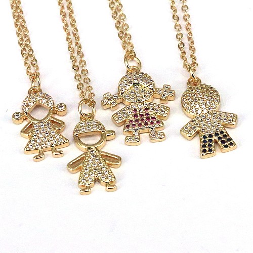 Cute Sweet Human Face Copper Plating Inlay Zircon Gold Plated Pendant Necklace