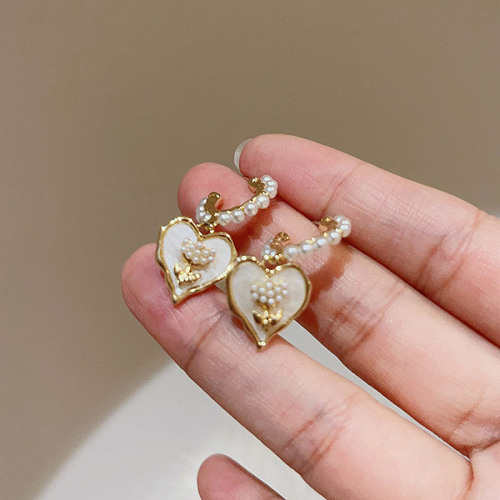 Boucles d'oreilles en forme de cœur, 1 paire, incrustation de placage de fleurs en cuivre, cristal artificiel, clous d'oreilles