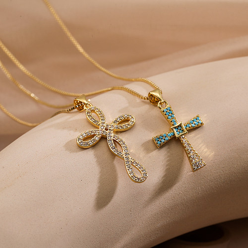 Schlichter Stil Pendelkreuz-Kupferbeschichtung mit Zirkon-Anhänger und 18-Karat-vergoldeter Anhänger-Halskette