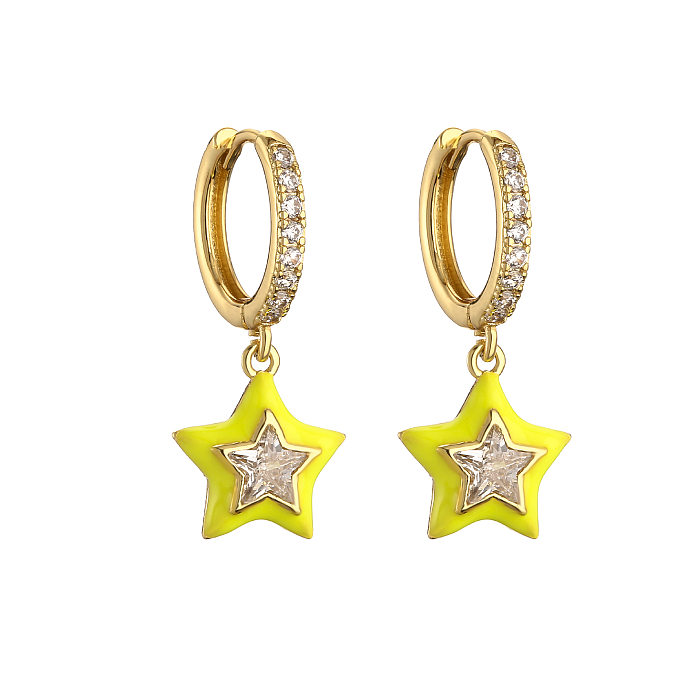 1 Pair Sweet Star Enamel Inlay Copper Zircon Earrings