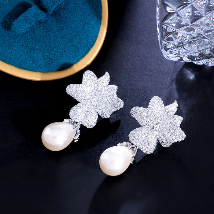 1 par elegante dulce color sólido chapado incrustaciones de cobre perlas artificiales diamante artificial chapado en rodio pendientes de gota chapados en plata