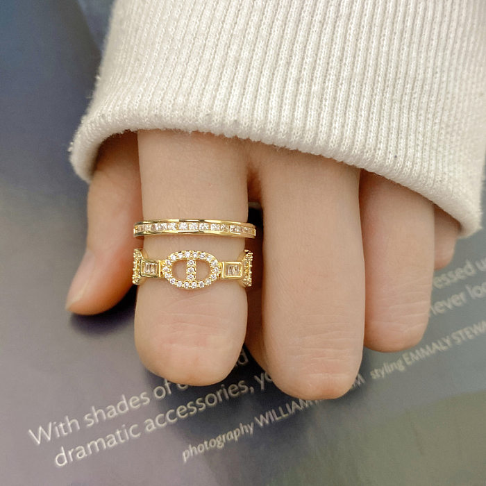Casual Shiny Letter Heart Shape Solid Color Copper Plating Inlay Pearl Shell Zircon Open Rings