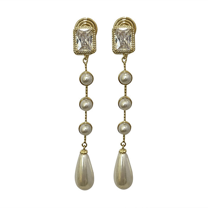1 par de elegantes pendientes colgantes de circonita con perlas de cobre y incrustaciones rectangulares de estilo vintage