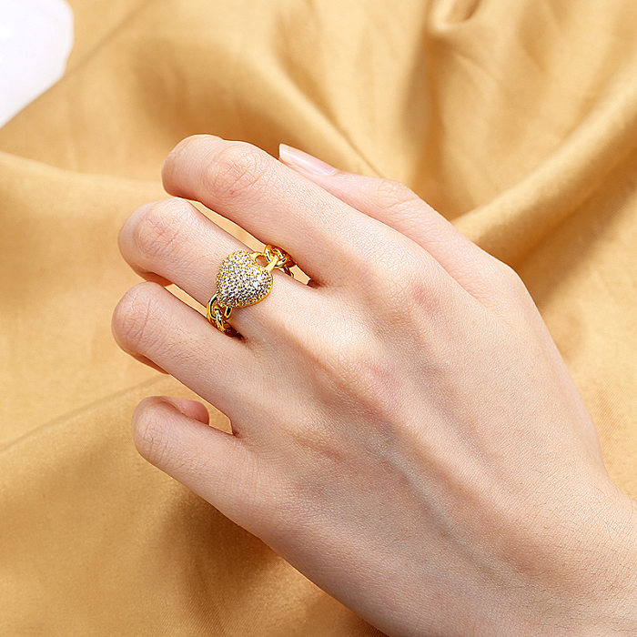1 peça de anel aberto de zircão em forma de coração doce com incrustações de cobre