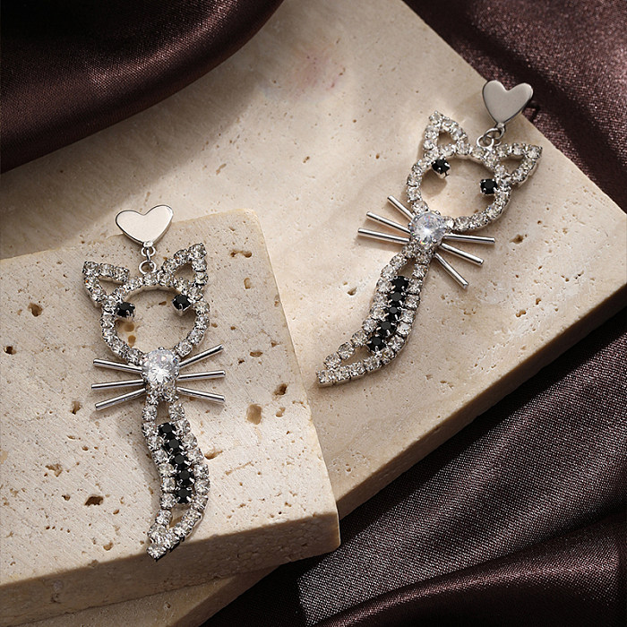 1 Pair Lady Cat Plating Inlay Copper Zircon Silver Plated Drop Earrings