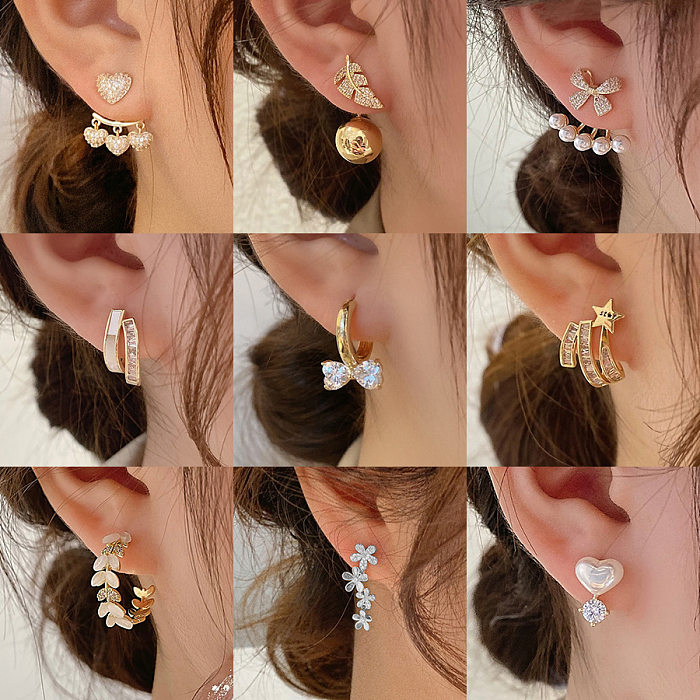 Fashion Heart Shape Bow Knot Copper Inlay Artificial Pearls Zircon Earrings 1 Pair