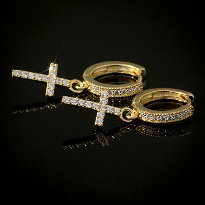 Classic Copper Inlaid Zircon  Cross Earrings Wholesale