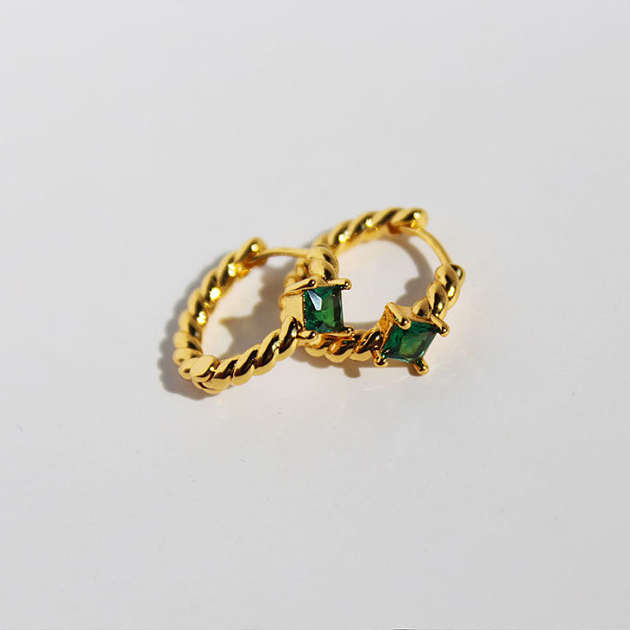 Vintage Emerald Green Zircon Hemp Pattern Black Zircon Copper Earrings