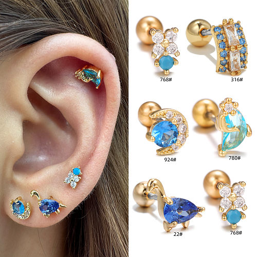 1 Piece IG Style Simple Style Animal Moon Flower Plating Inlay Brass Zircon 18K Gold Plated White Gold Plated Ear Studs