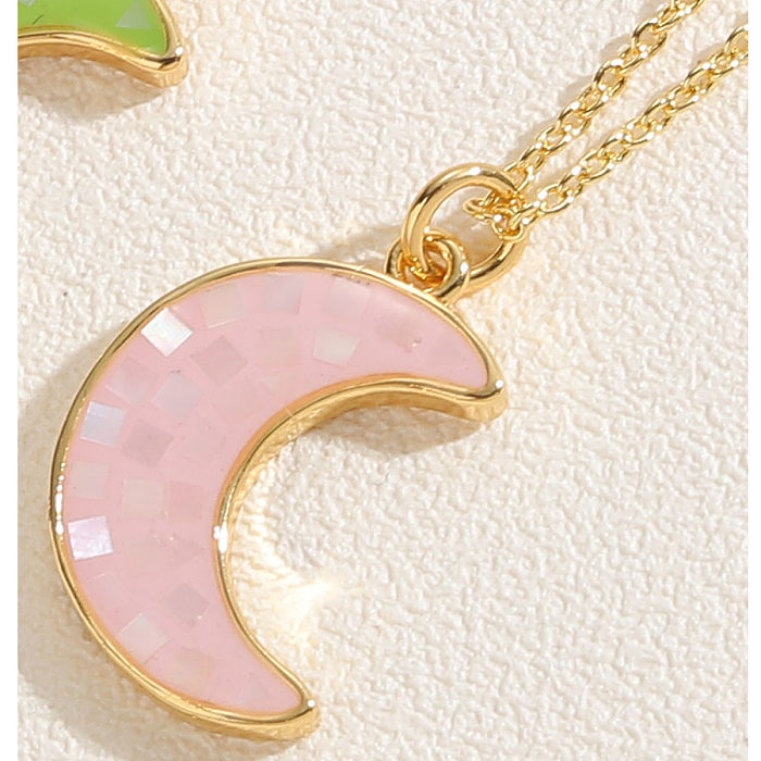 IG Style Simple Style Moon Copper Enamel Plating 14K Gold Plated Pendant Necklace