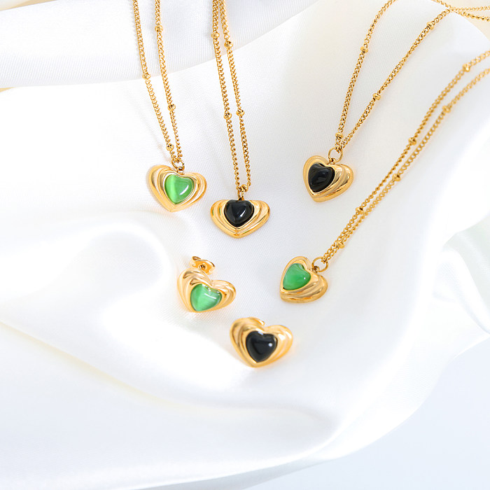 Retro Vacation Heart Shape Titanium Steel Plating Inlay Opal Glass Stone 18K Gold Plated Earrings Necklace