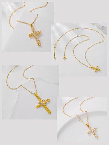 Elegante Streetwear Kreuz Edelstahl Verkupferung Inlay Zirkon 18K vergoldet Anhänger Halskette