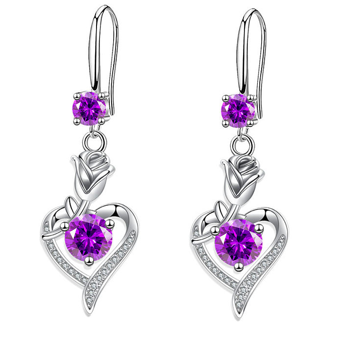 1 Pair Romantic Heart Shape Rose Copper Inlay Zircon Drop Earrings