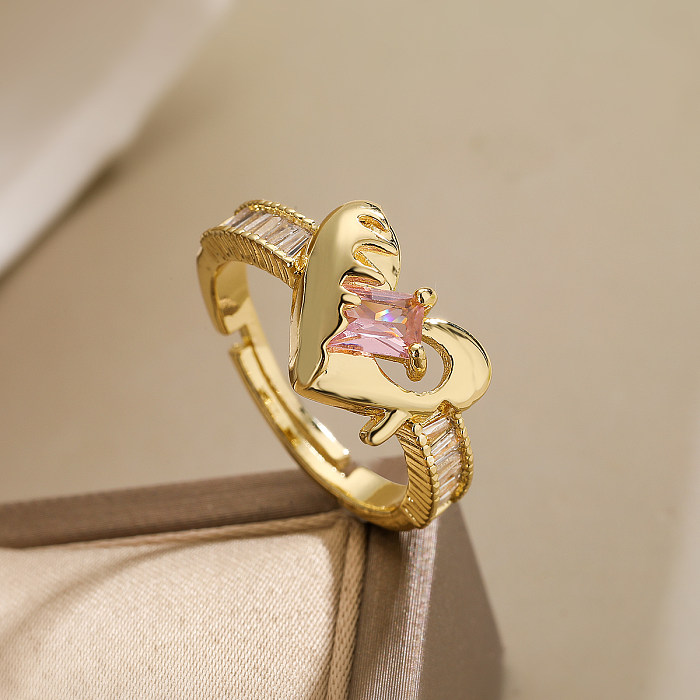 Estilo simples comute anéis abertos banhados a ouro de zircônia 18K em formato de coração