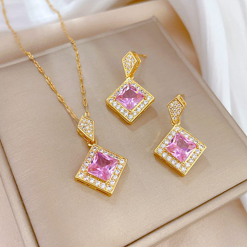 Casual Square Titanium Steel Copper Plating Inlay Artificial Gemstones Gold Plated Earrings