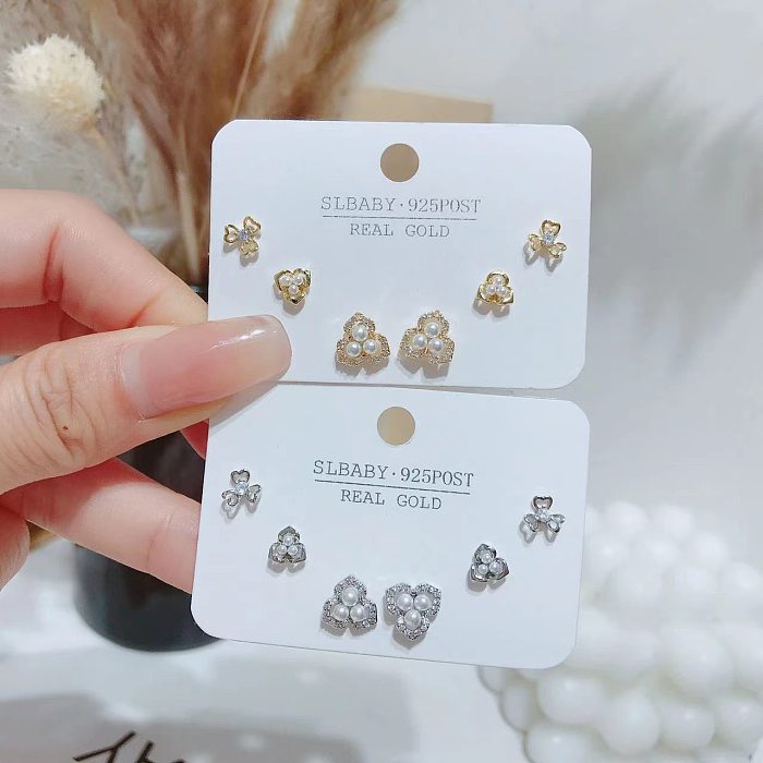 Simple Style Geometric Heart Shape Bow Knot Copper Plating Inlay Artificial Gemstones Ear Studs