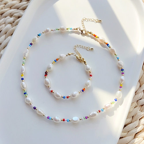 Collier de bracelets de perles en cuivre et verre de perles d'eau douce géométriques bohème