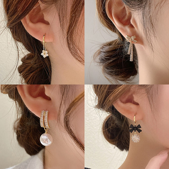 Fashion Heart Shape Bow Knot Copper Inlay Artificial Pearls Zircon Earrings 1 Pair