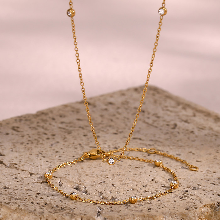 Elegante estilo clássico redondo chapeamento de aço inoxidável inlay zircon 18K banhado a ouro pulseiras colar