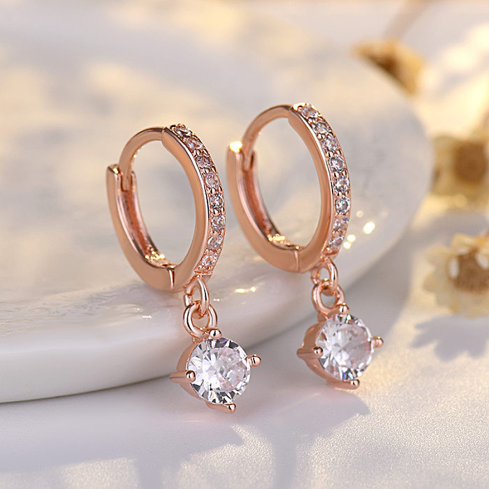 1 Pair Simple Style Commute Round Copper Inlay Zircon Drop Earrings