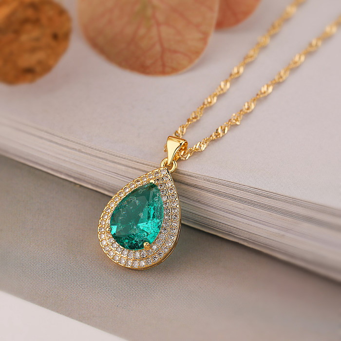 Simple Style Commute Water Droplets Copper Plating Inlay Zircon 18K Gold Plated Pendant Necklace