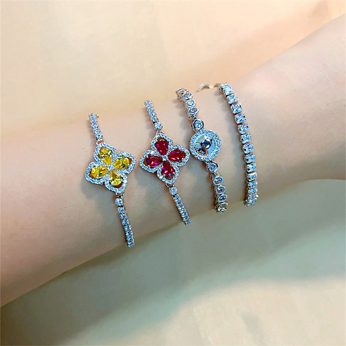 Vintage Style Simple Style Shiny Four Leaf Clover Round Square Copper Plating Inlay Zircon White Gold Plated Bracelets