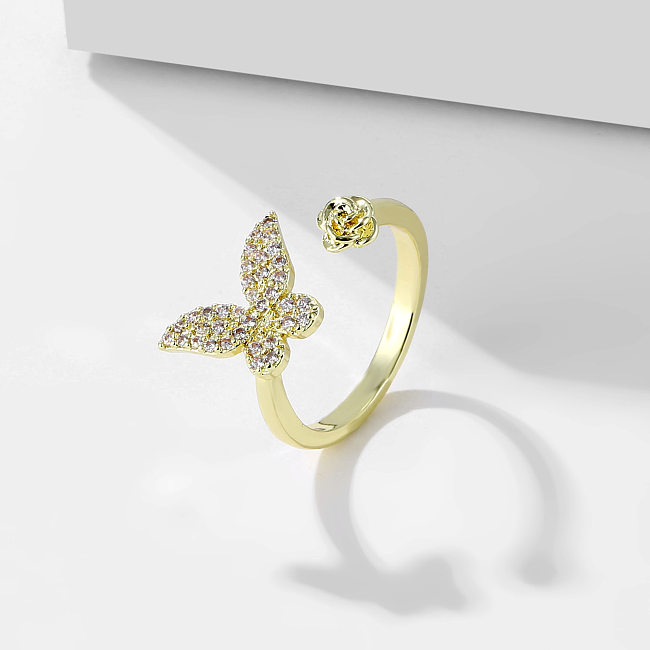 Eleganter, geometrischer Schmetterling im koreanischen Stil, Kupferbeschichtung, Inlay, Zirkon, Roségold plattiert, Weißgold plattiert, vergoldeter offener Ring