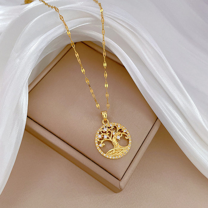 Simple Style Tree Of Life Titanium Steel Copper Inlay Artificial Gemstones Pendant Necklace