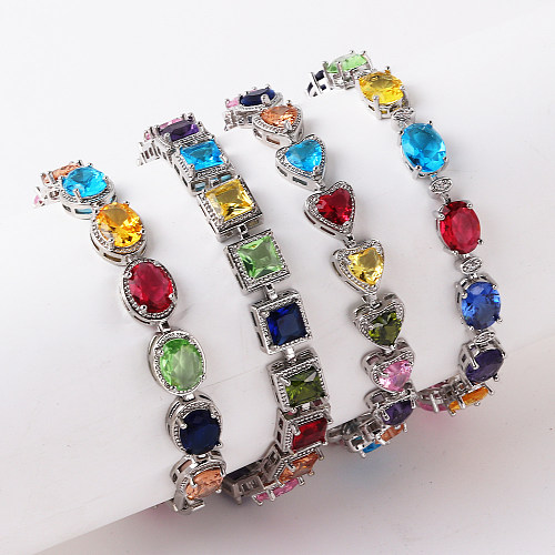 Vintage Style Round Colorful Square Copper Plating Inlay Zircon Gold Plated Bracelets