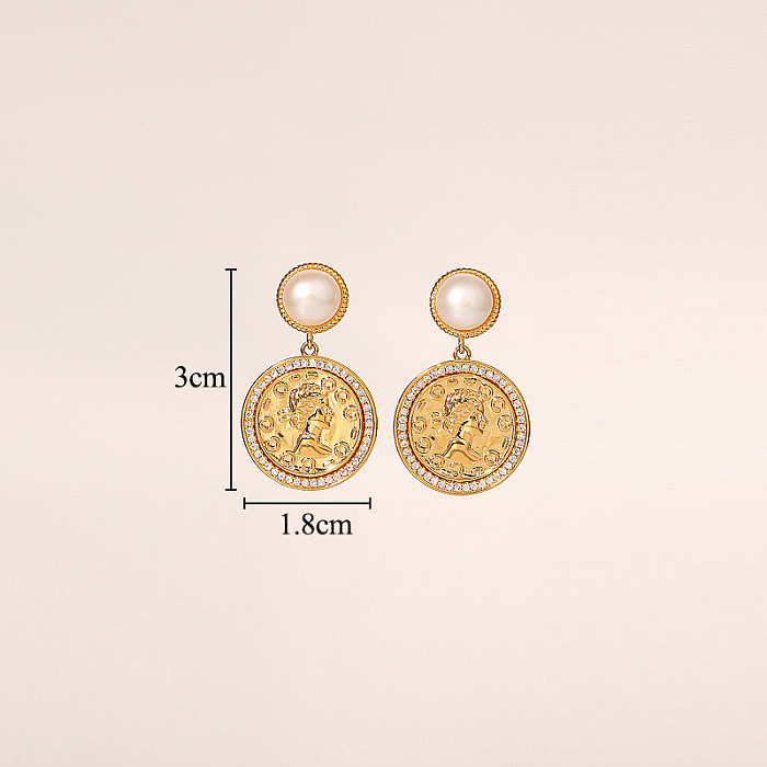 1 Pair Classical Retro Portrait Plating Inlay Imitation Pearl Copper Zircon 18K Gold Plated Drop Earrings