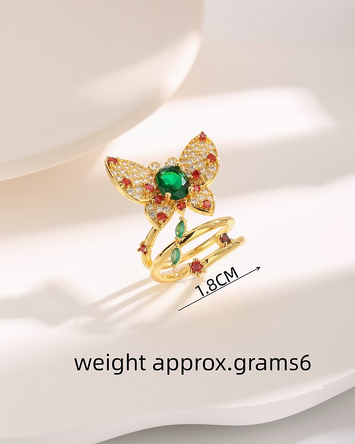 Elegant Vintage Style Butterfly Copper Plating Inlay Zircon 18K Gold Plated Open Rings