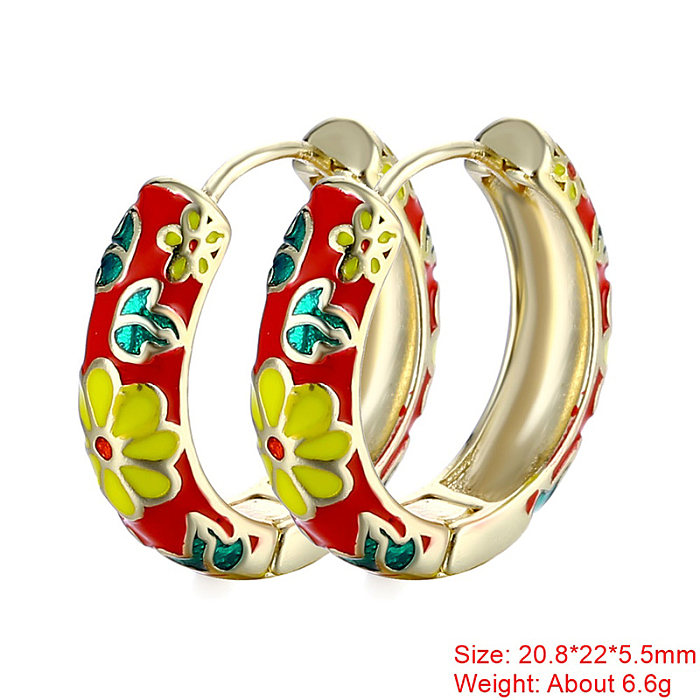 1 Pair Sweet Flower Enamel Plating Copper 18K Gold Plated Hoop Earrings