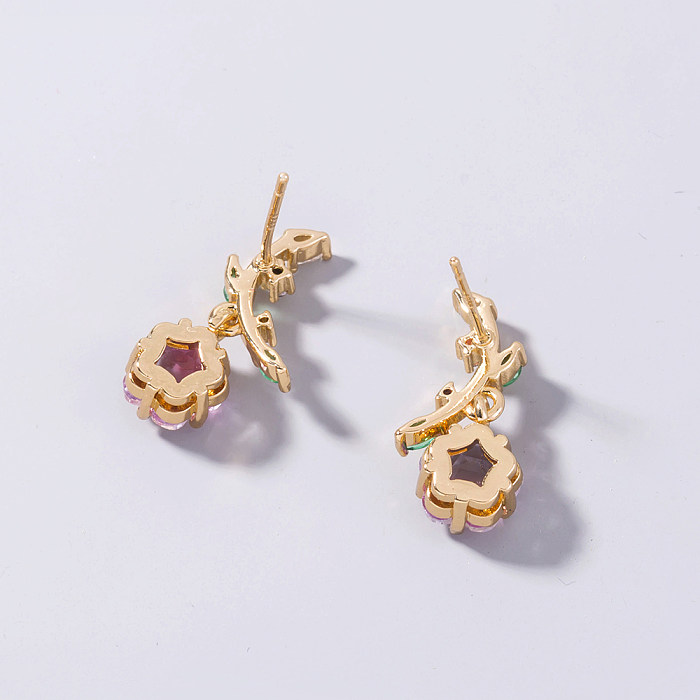 1 Pair Fashion Leaves Flower Copper Inlay Zircon Drop Earrings