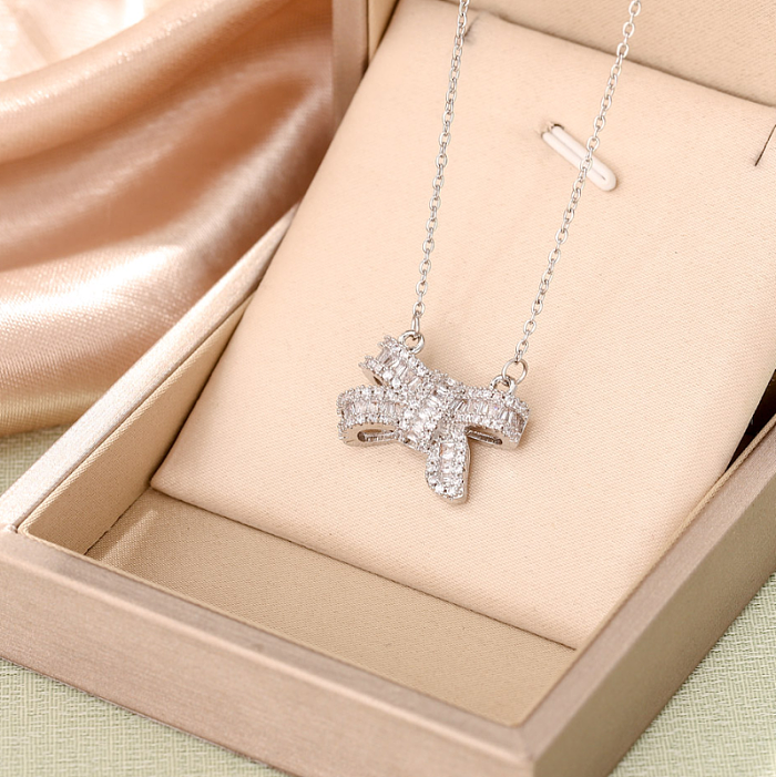 Simple Style Bow Knot Stainless Steel Copper Zircon Pendant Necklace In Bulk